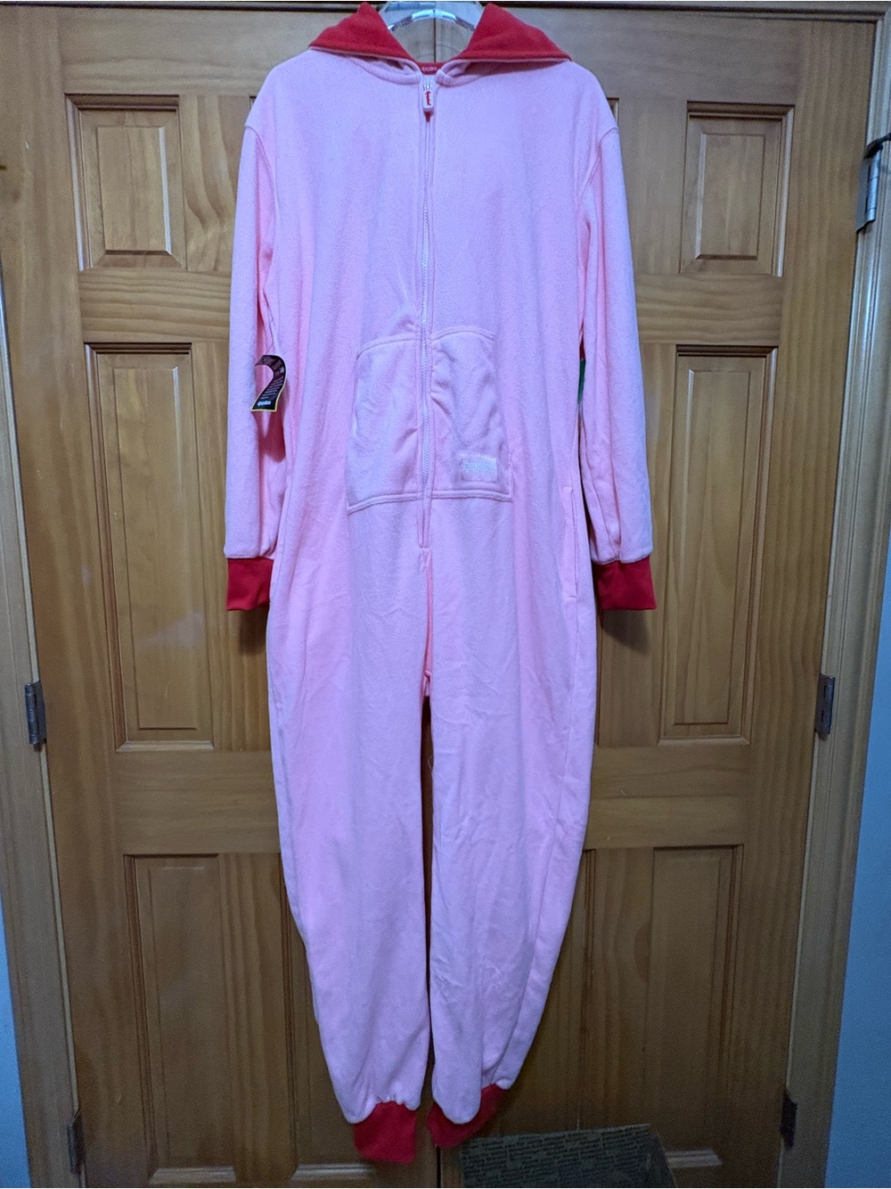Tipsy Elves Adult Pink Fleece Onesie with Red Hood & Cuffs